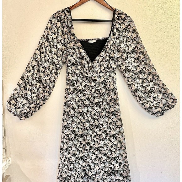 Lush Womens MIDI Dress W/ Puff Sleeve In Black Multi Floral- Size Large - Picture 2 of 14